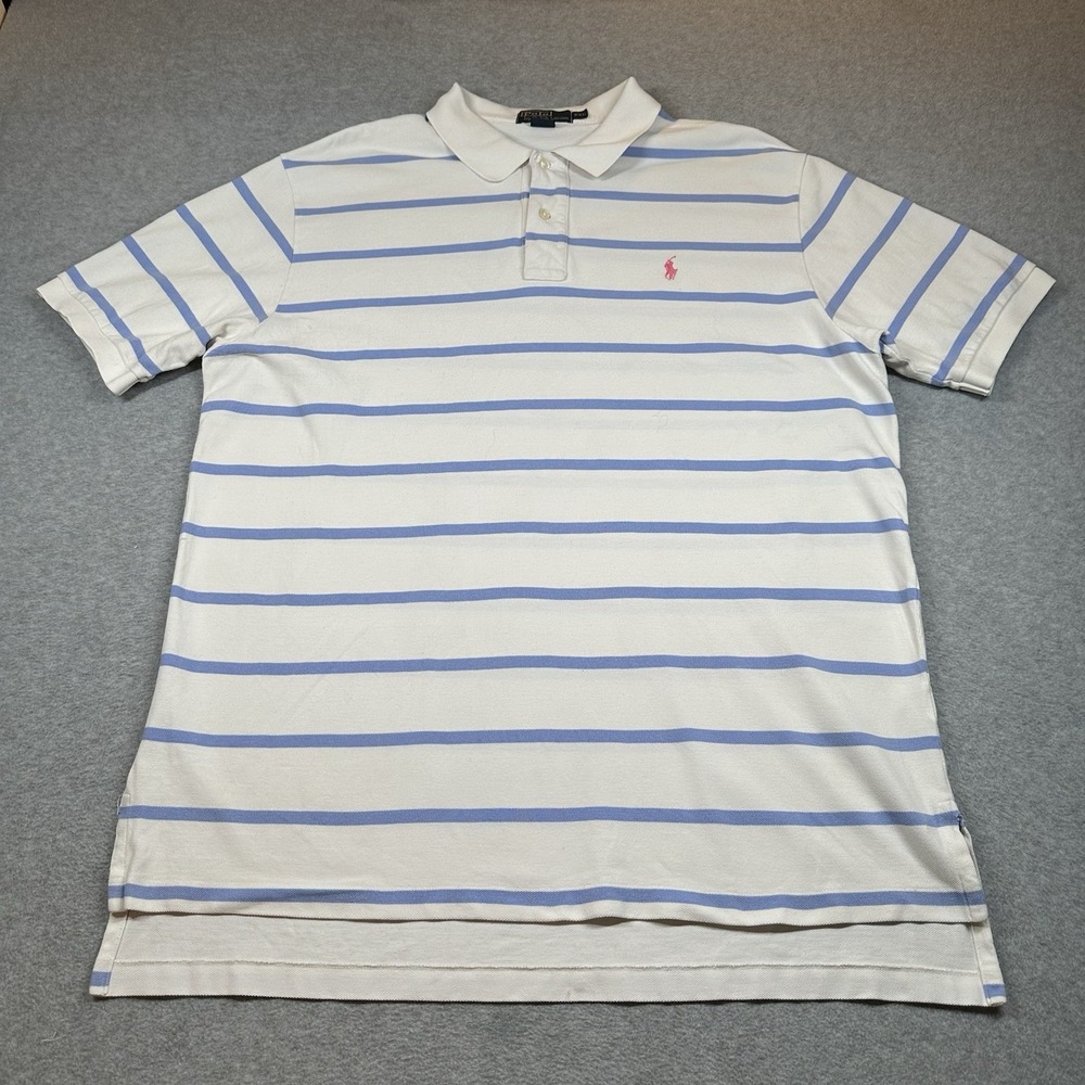 VTG Polo‎ Ralph Lauren Polo Mens 2XL White Blue Stripes Pink Pony Cotton NOTE